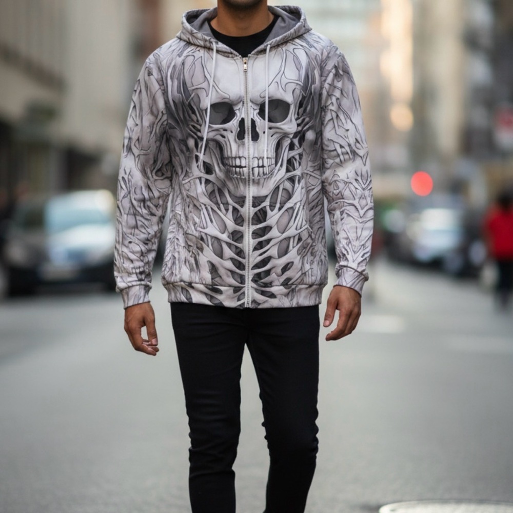 Men's Gray Skull Print Lightweight Jacket